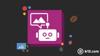 Ein stilisierter Roboter mit einer Sprechblase, die Bergsymbole enthält, vor einem dunklen Hintergrund mit bunten Kreisen und einem kleinen Bild eines Berges. Das Design deutet auf ein Thema der Bilderkennung oder -verarbeitung hin.