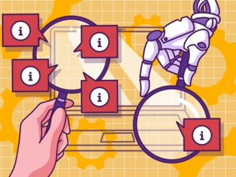 Eine Hand hält eine Lupe und untersucht eine digitale Oberfläche mit mehreren Informationssymbolen. Eine robotische Hand ist in der Nähe positioniert, was ein Thema von Technologie und Analyse andeutet. Zahnräder im Hintergrund verstärken den technologischen Kontext.